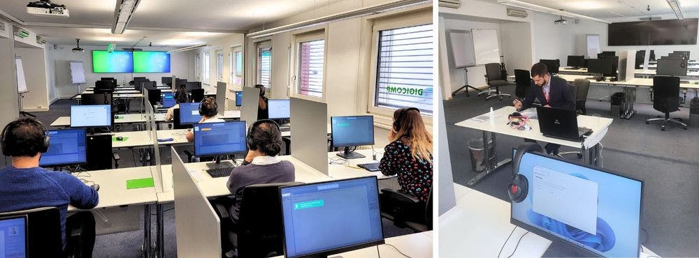 Two views of the classroom - exam location with computers in Geneva, Switzerland - computer based language exam venue Swiss Exams