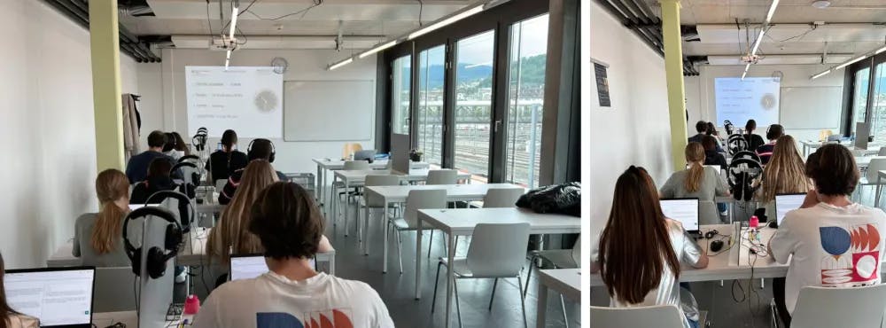 Two views of the classroom with computers in Lucerne, Swiss Exams, exam location in Lucerne, Switzerland, computer based language exam venue