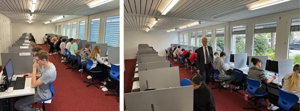 Two views of the classroom with computers in Bern, Swiss Exams, exam location in Bern, Switzerland, computer based language exam venue