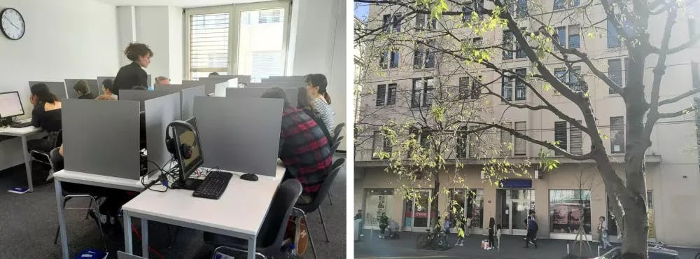 The view of the classroom - exam location with computers in Lausanne, Switzerland - computer based language exam venue and a view of the building from the street Swiss Exams