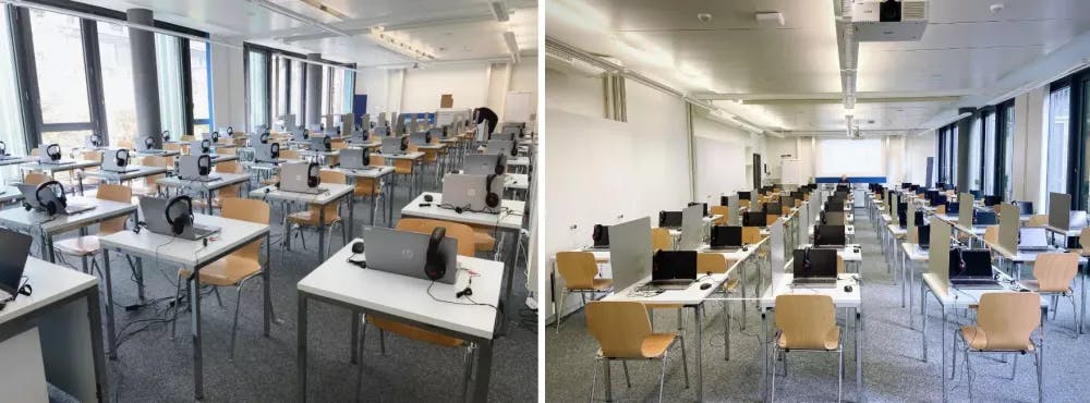 Two views of the classroom - exam location in Zürich, Switzerland - computer based and paper based language exam venue Swiss Exams