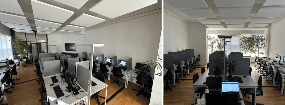 Two views of the exam centre - exam location with computers in Geneva, Switzerland - computer-based language exam venue Swiss Exams