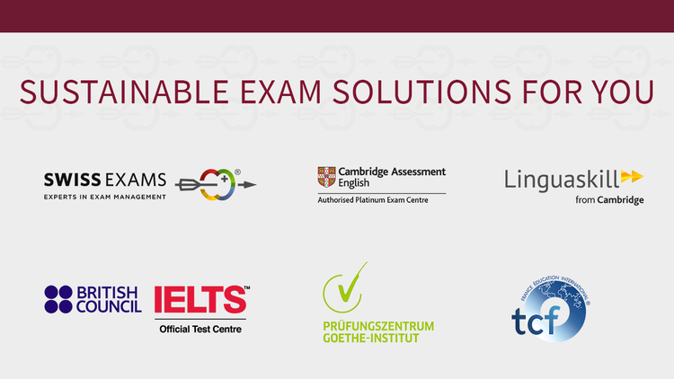 Swiss Exams logos of partners and exam boards like IELTS, Cambridge, Linguaskill, Goehe and TCF. The written text says "Sustainable exam solutions for you".