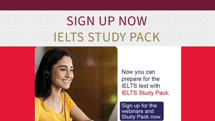A smiling woman looking into IELTS exam preparation material on her computer. She is wearing a yellow shirt and has long brown curly hair. On the picure it says in writing"sign up now, IELTS study pack"