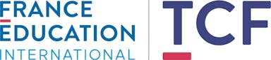 Das Logo von France Education International - TCF mit blauer Schrift und roten graphischen Akzenten.