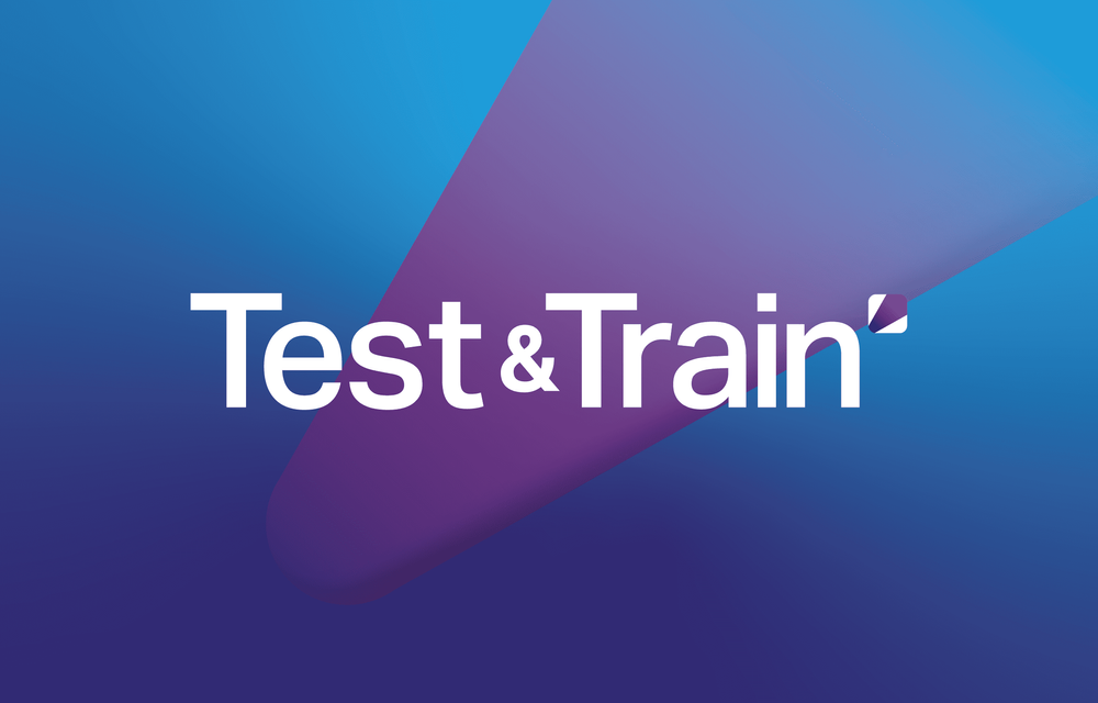 On blue purple background it says "Test & Train". A digital learning platform for Cambridge English Exams.