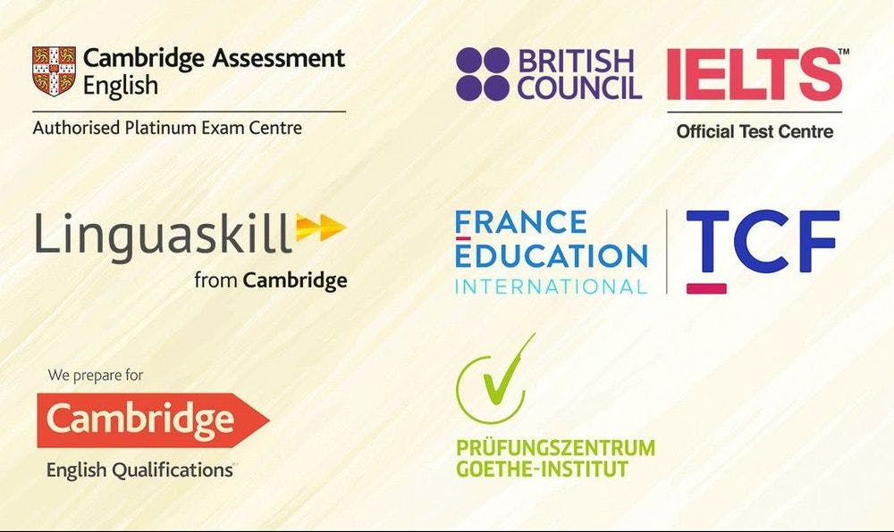 Logos of international exam boards such as Cambridge Assessment English, British Council IELTS Official Test Centre, Linguaskill by Cambridge, TCF by France Education International and Prüfungszentrum des Goehe-Instituts on a egg-yellow background.