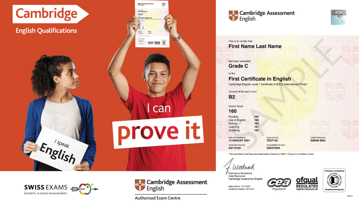 A girl and a boy in front of an orange background are holding a paper in their hands. On the girls paper it says " I can speak English", the boy is holding a Cambridge English Certificate. On the right hand side of the image a Cambridge English Certificat