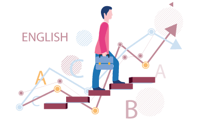 A graphic illustrating a person walking up the stairs. It says "English" in the background and illustrates that the person improves by taking English Level tests.