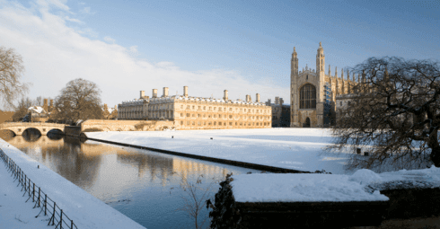 Cambridge university buildings covered in snow