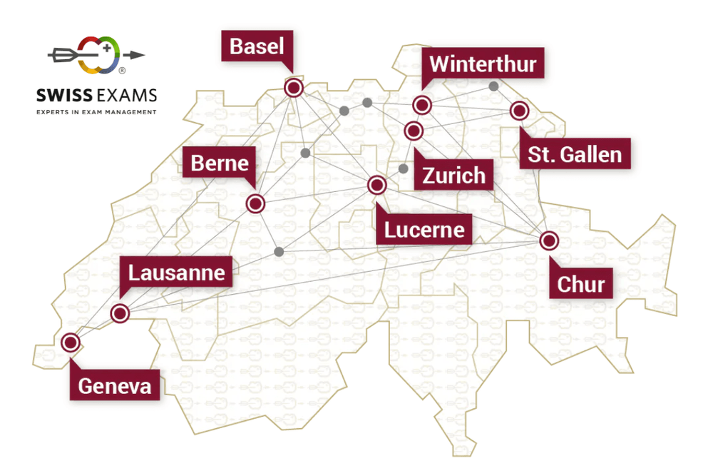 Map - Swiss Exams offers exams in most major cities in Switzerland, namely Basel, Berne, Chur, Geneva, Lausanne, Lucerne, St. Gallen, Winterthur and Zurich