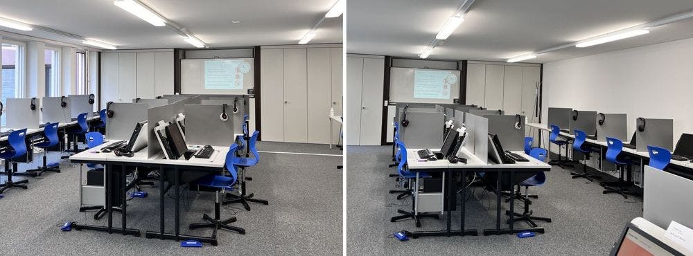 Two views of the classroom - exam location with computers in Basel, Switzerland - computer based language exam venue Swiss Exams