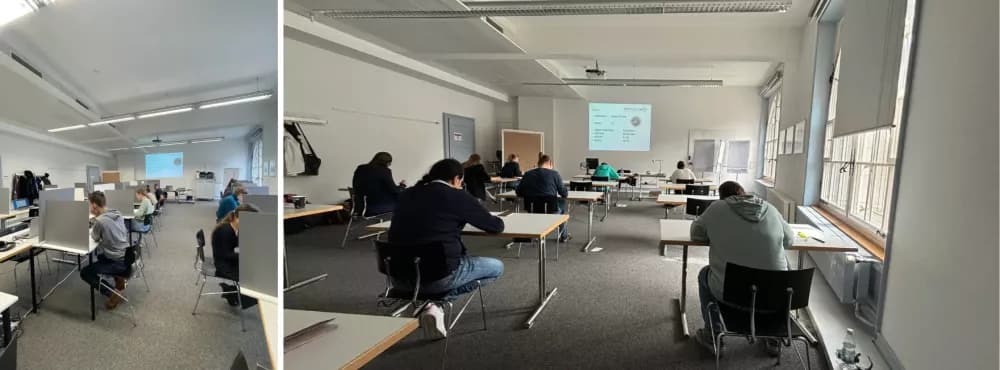 Two views of the classroom - exam location for exam in St Gallen, Switzerland - paper based language exam venue Swiss Exams