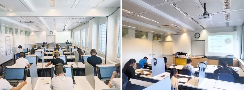 Two views of the classroom - exam location for exam in Winterthur, Switzerland - paper and computer based language exam venue Swiss Exams