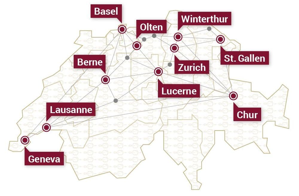 Map - Swiss Exams offers exams in most major cities in Switzerland, namely Basel, Berne, Chur, Geneva, Lausanne, Lucerne, St. Gallen, Winterthur and Zurich