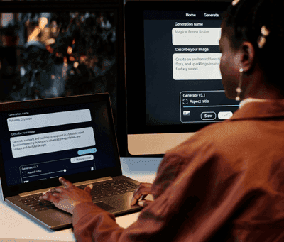 Employee using AI tools to communicate — sitting in front of a computer, using her English language skills to prompt effectively.