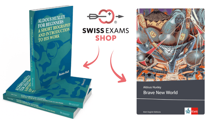 Swiss Exams Online Shop logo, pictures of Huxley books: Aldous Huxley for Beginners, Brave New World