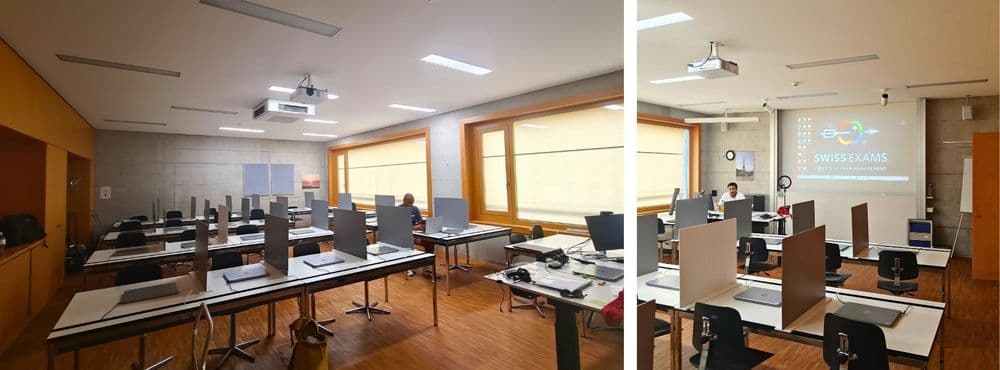 Two views of the exam room with computers in Lucerne, Swiss Exams,KV Luzern exam location in Lucerne, Switzerland, computer based language exam venue